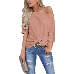 Women’s 2XL Pink Waffle Knit Off Shoulder Knot Batwing Top Shirt